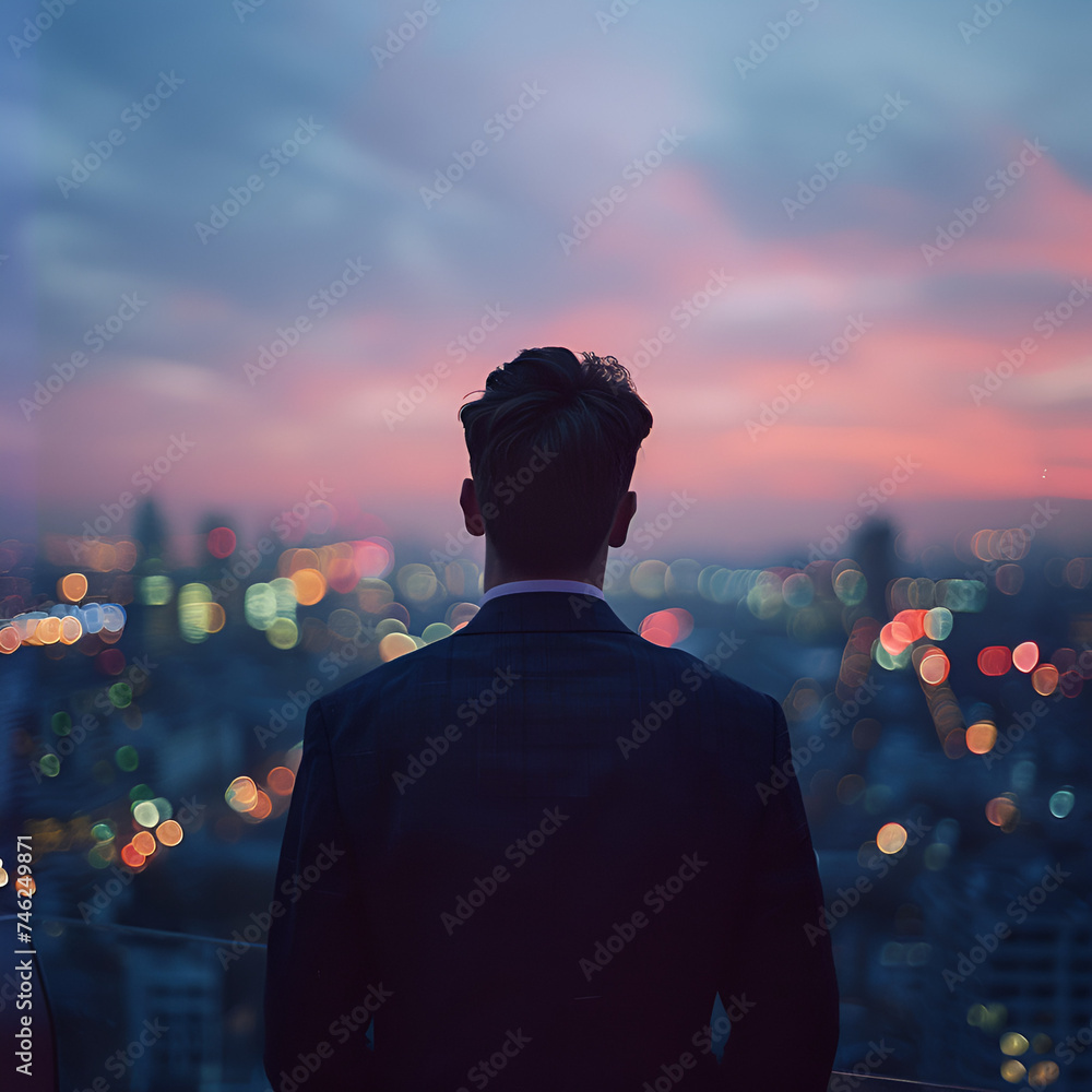 Silhouetted figure against city bokeh lights