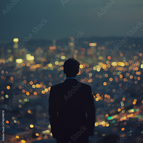 portrait man with black suit behind looking for night town building