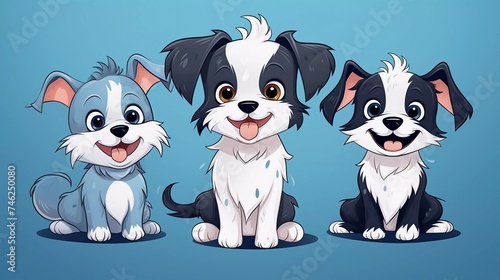 Set of three different cute dogs. Black and white colors. Colorful trendy Vector Illustration