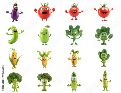 Collection of cheerful cartoon vegetables with expressive faces, isolated on a transparent background, ideal for educational and nutritional concepts