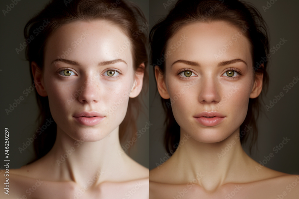 Anti-aging treatments with retinol. Portrait of girl before and after applying cosmetic cream, serum on an isolated background. Anti-aging treatments with retinol. Portrait of girl before and after applying cosmetic cream, serum on an isolated background.