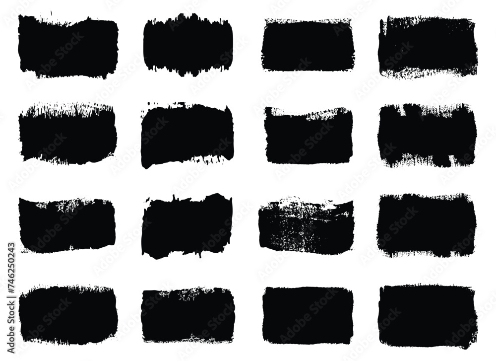 Brush paint Vector set, brush strokes templates. Grunge design elements for social media. Rectangle text boxes or speech bubbles. Dirty distress texture banners for social networks story and posts. - obrazy, fototapety, plakaty 