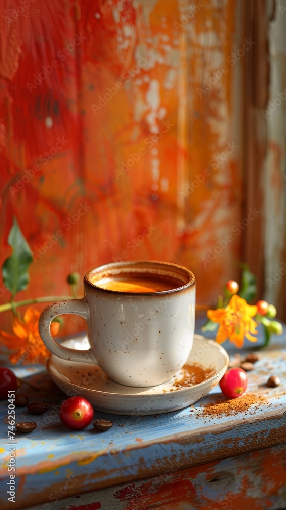 Fototapeta premium White ceramic cup hot aroma espresso, cappuccino, latte steam smoke on table morning breakfast drinking tasty drink cafeteria cafe restaurant caffeine beverage energy dinner, deep background