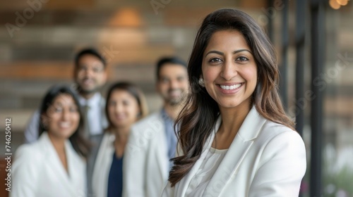 A half-Indian-American businesswoman with a business team
