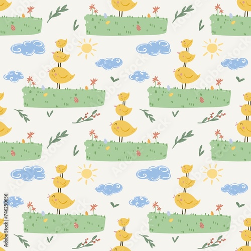 Seamless Easter-themed pattern with cute herons a and and green grass, cute repeating pattern with yellow chickens 