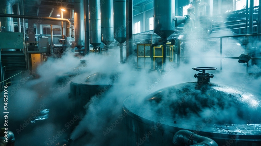 Steaming vats of liquid chemicals are being heated and stirred by powerful machines as workers monitor the temperature and adjust settings as needed. The factory operates
