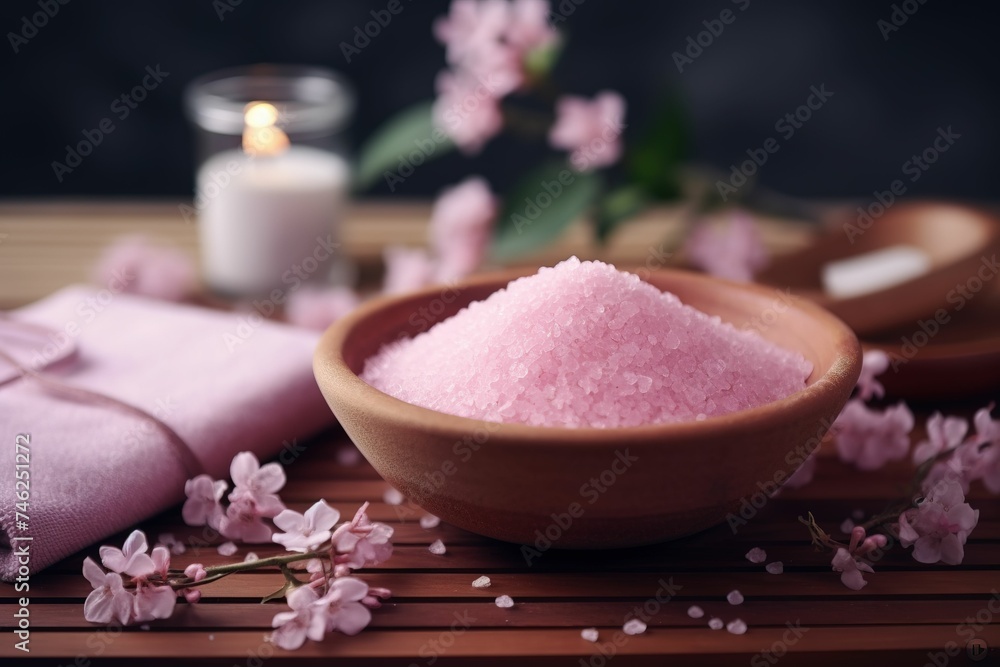 Pink sakura salt bath and cherry blossoms, sea salt and cherry blossoms on the table, spa care, skin care, health,spa still life Pink sakura salt bath and cherry blossoms, sea salt and cherry blossoms on the table, spa care, skin care, health,spa still life
