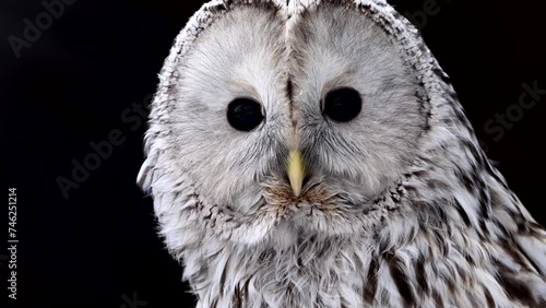 close-up shot showcasing the features of an owl, particularly its large eyes. The owls gaze and intricate details are highlighted in this footage. photo