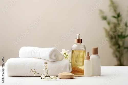 Spa massage oil and clean towels, skin care products and towels on the table, spa still life, spa advertising, sea salt on the table, spa care, skin care, health photo