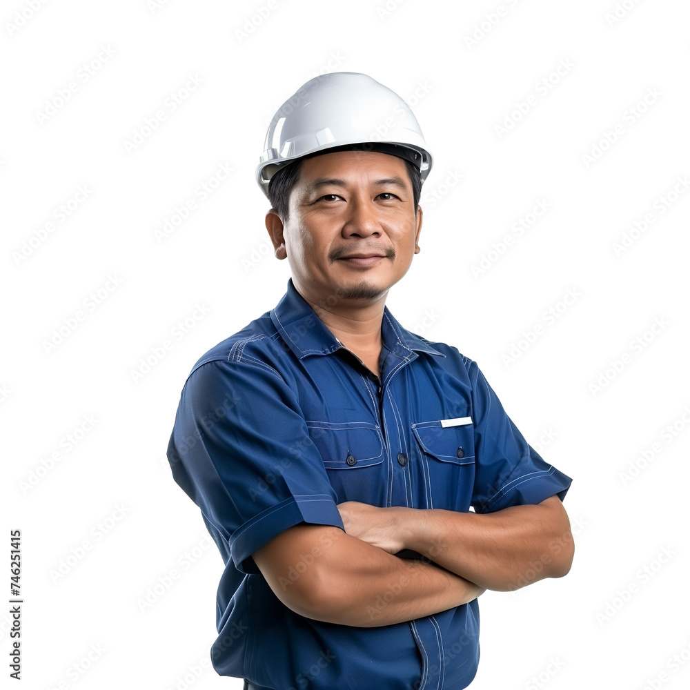 Confident Asian engineer with arms crossed, wearing a transparent safety helmet and blue workwear uniform, isolated on a transparent background Confident Asian engineer with arms crossed, wearing a transparent safety helmet and blue workwear uniform, isolated on a transparent background