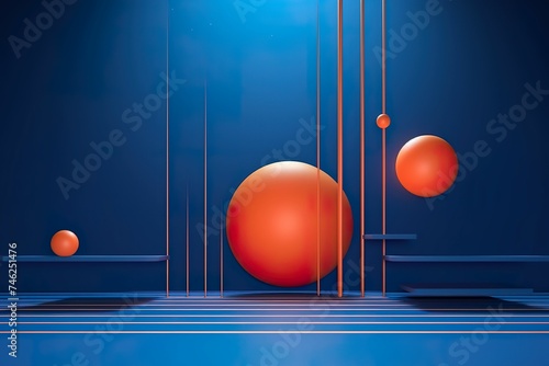 Orange 3D sphere on blue staircase lines background, orange sun in blue sky, colorful modern art wallpaper, modern art background © Peng