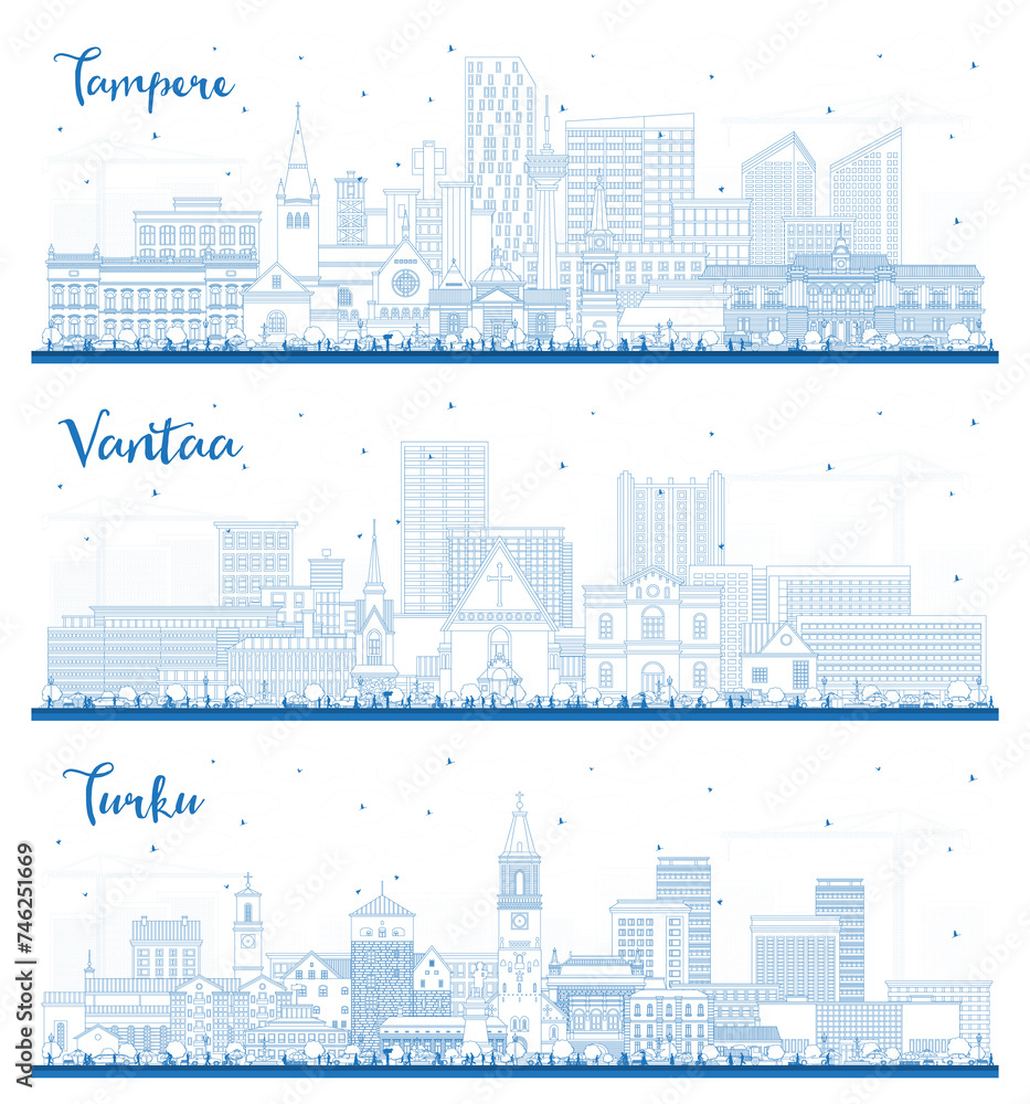 Outline Vantaa, Turku and Tampere Finland city skyline set with blue buildings. Cityscape with landmarks. Business travel and tourism concept with modern and historic architecture.