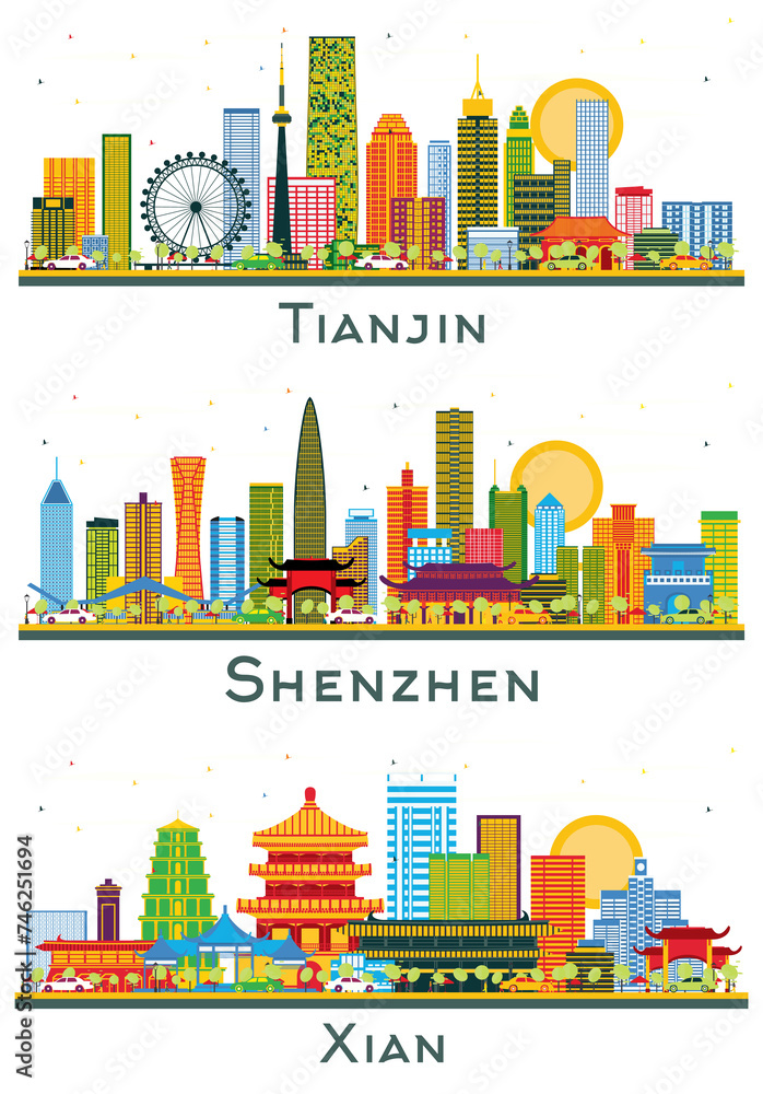 Shenzhen, Xian and Tianjin China City Skyline set with Color Buildings Isolated on White. Tourism Concept with Modern Buildings. Cityscape with Landmarks. Shenzhen, Xian and Tianjin China City Skyline set with Color Buildings Isolated on White. Tourism Concept with Modern Buildings. Cityscape with Landmarks.