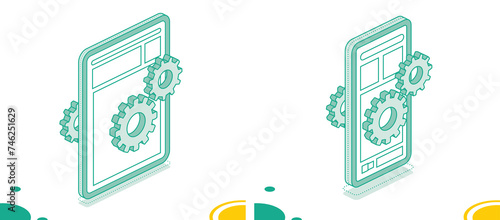 Isometric concept with tablet pc, smartphone and gearwheel. Application settings. Setup icon. Outline 3d objects isolated on white background.