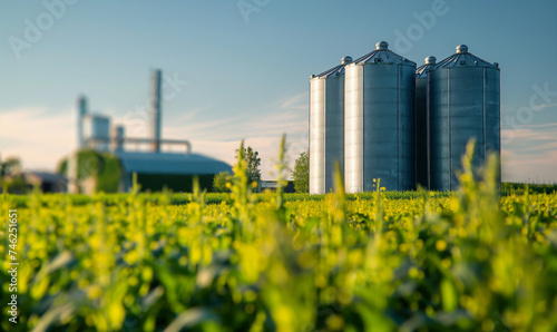 Grain silos in the field in the green field