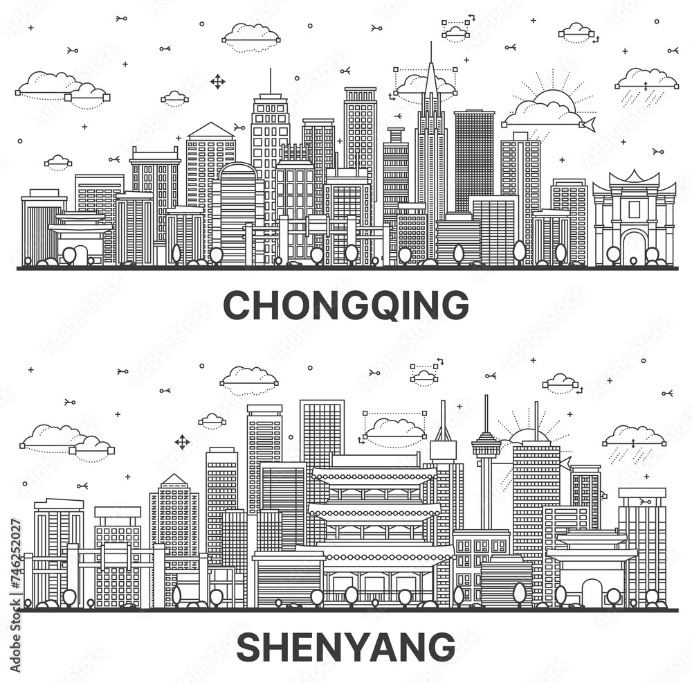 Outline Shenyang and Chongqing China City Skyline set with Modern and Historic Buildings Isolated on White. Cityscape with Landmarks.