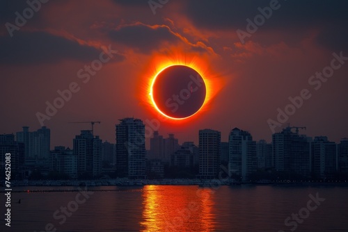 City skyline under a solar eclipse