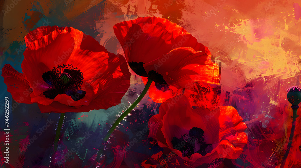 Poppy, flower in a field, red, blue, green, daylight, close-up, watercolor, painting, oil paint - obrazy, fototapety, plakaty 