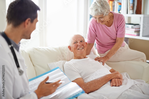 Healthcare, doctor and patient in nursing home for health results, rehabilitation or wellness. Medical professional, consultation and elderly couple for treatment, discussion and positive news.