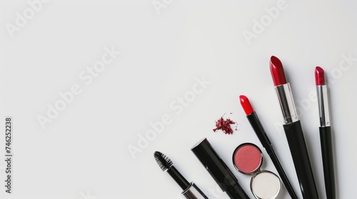 Top view of set of women's makeup cosmetics on white background. Women's Cosmetics and Accessories photo