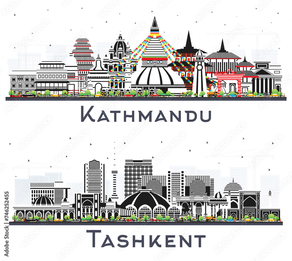 Tashkent Uzbekistan and Kathmandu Nepal City Skyline set with Color Buildings Isolated on White. Cityscape with Landmarks. Business Travel and Tourism Concept with Historic Architecture.