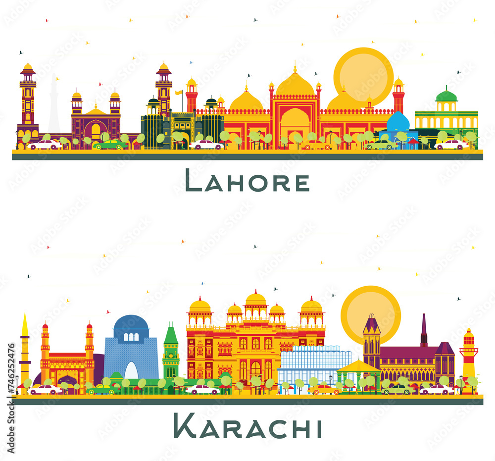 Karachi and Lahore Pakistan City Skyline set with Color Landmarks Isolated on White. Business Travel and Tourism Concept with Historic Buildings. Cityscape with Landmarks.