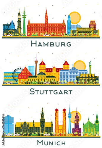 Stuttgart, Munich and Hamburg Germany city Skyline set with Color Buildings isolated on white. Cityscape with Landmarks.