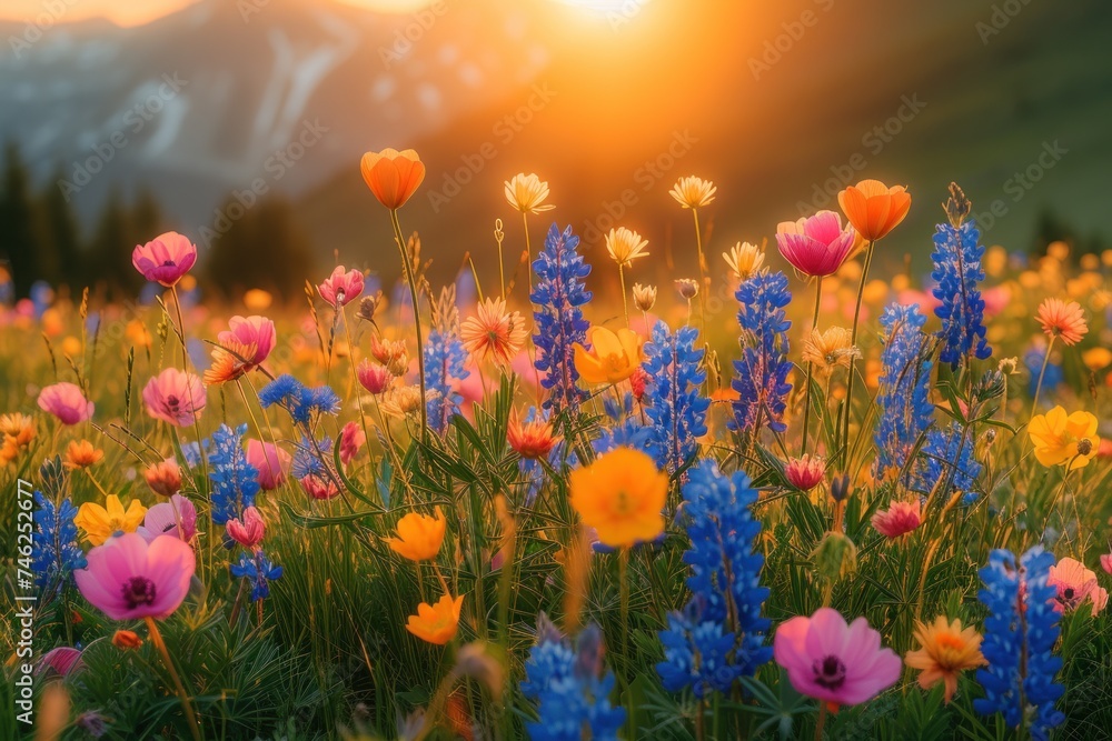 Wildflowers in the mountains at sunset: the beauty of nature in the soft light of the sun