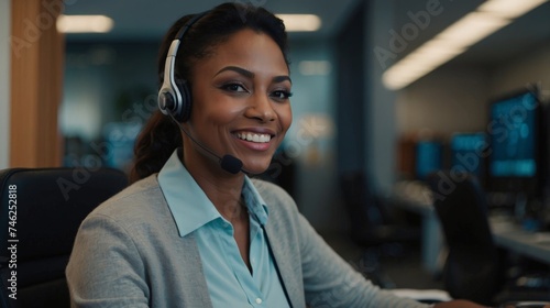 Smiling black african american customer service representative wearing headset. Call center operator agent working indoor office