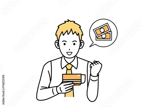 通帳を見て喜ぶ若い会社員の男性のイラスト