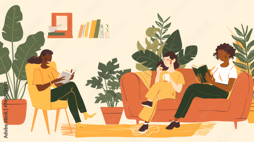 Fototapeta premium Cozy visuals of people immersed in books while sipping on coffee, tea, or hot chocolate