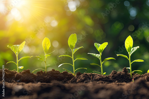 Young Plants Thriving Against a Sunny Background: Visualizing Business Growth and Profit