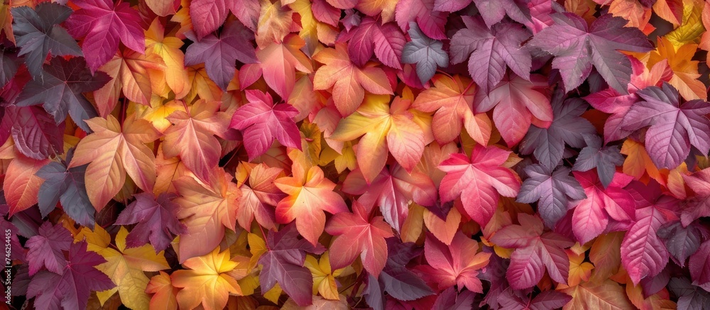 A photo capturing the stunning season of vibrant autumn foliage provided by Parthenocissus quinquefolia, commonly known as Virginia creeper, displayed on a wall in a nature motif backdrop. A photo capturing the stunning season of vibrant autumn foliage provided by Parthenocissus quinquefolia, commonly known as Virginia creeper, displayed on a wall in a nature motif backdrop.