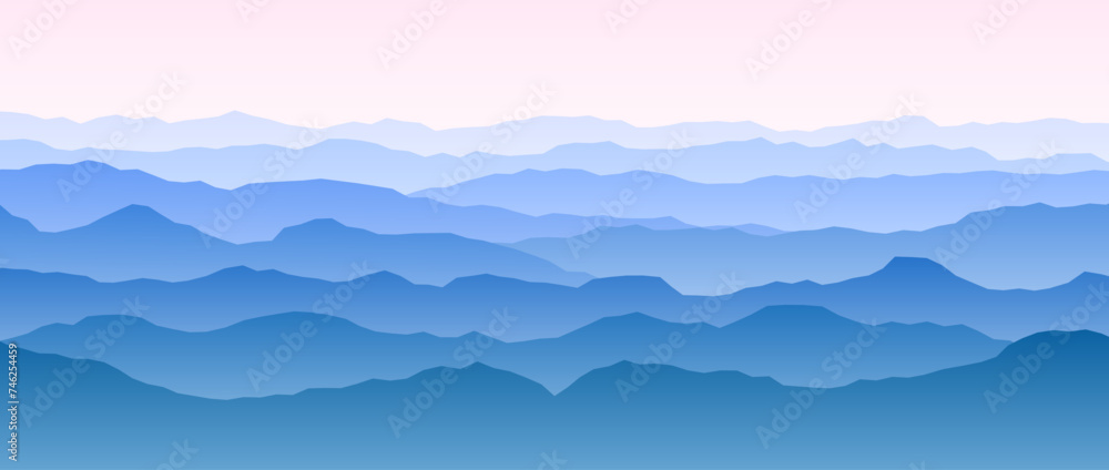 Mountain range silhouettes in morning. Panoramic landscape view. Mountain ridges and hills background. Blue pink mount peaks with mist and fog. Vector sunset or sunrise scenery terrain illustration