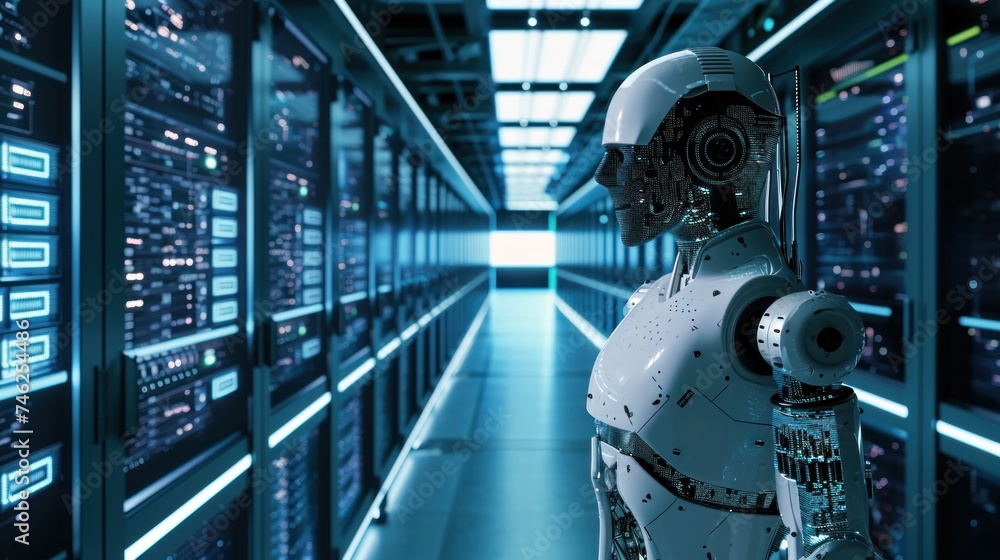 Robot operates Data Server .artificial intelligence robot ,digital technology concept with 3D data rendering. Robot operates Data Server .artificial intelligence robot ,digital technology concept with 3D data rendering.