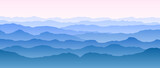 Mountain range silhouettes in morning. Panoramic landscape view. Mountain ridges and hills background. Blue pink mount peaks with mist and fog. Vector sunset or sunrise scenery terrain illustration