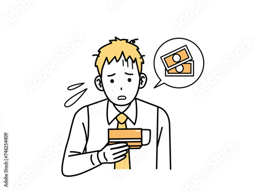 通帳を見て困る若い会社員の男性のイラスト