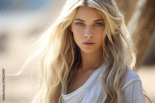 Beautiful gorgeous Nordic blonde haired blue eyed teenager girl, ancient Greek priestess