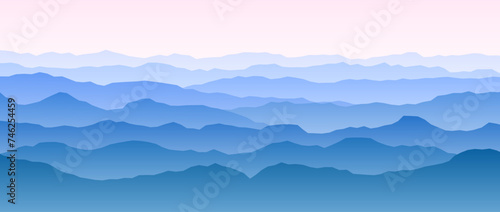 Mountain range silhouettes in morning. Panoramic landscape view. Mountain ridges and hills background. Blue pink mount peaks with mist and fog. Vector sunset or sunrise scenery terrain illustration