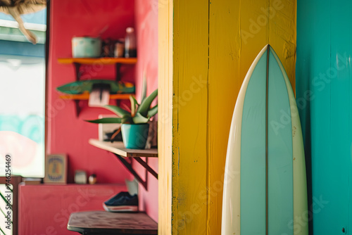Surfboard equipped with shelves positioned near a colorful wall in a room © Emanuel