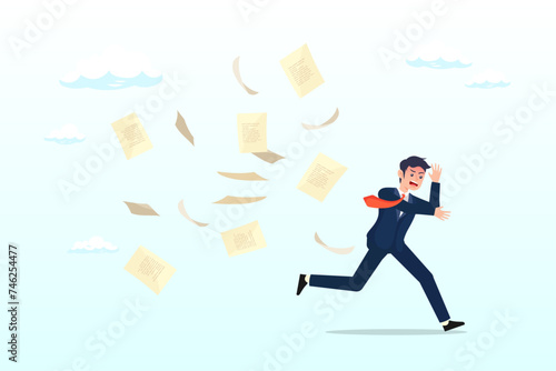 Fearful businessman runaway from paperwork, overwhelmed or work overload, exhausted and anxiety, stressed and tired from problem and trouble, panic attack or shocked, burnout and depression (Vector)