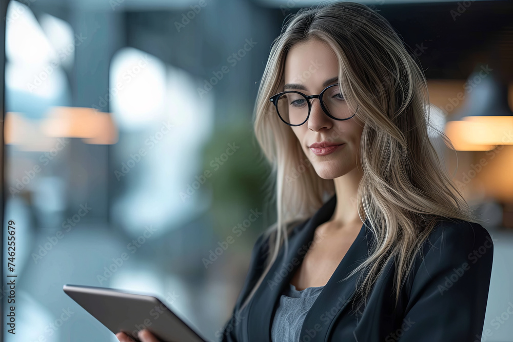 A businesswoman utilizing a tablet, embodying Communication Concepts A businesswoman utilizing a tablet, embodying Communication Concepts
