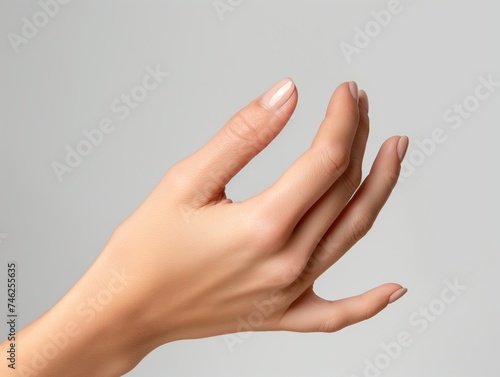 Hand of woman on white background