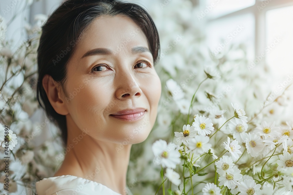 Mature Asian woman with flowers. Portrait of a gorgeous happy middle-aged Asian woman, an elderly woman over 50 years old. The concept of beauty. A light tone. Skin Care Mature Asian woman with flowers. Portrait of a gorgeous happy middle-aged Asian woman, an elderly woman over 50 years old. The concept of beauty. A light tone. Skin Care