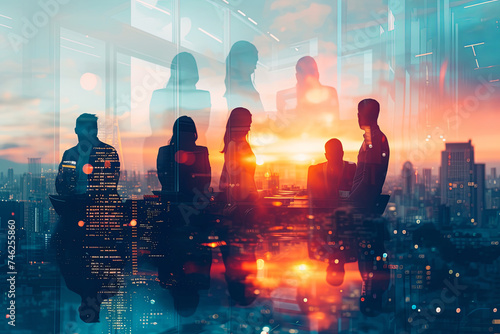 Business individuals collaborating in an office. Embodying the concept of teamwork and partnership. Double exposure effect with a modern city and light effects