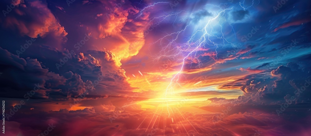 The sky is filled with colorful clouds as lightning strikes through the clouds, illuminating the scene with bright flashes of light. The lightning appears as smooth channel lightning, creating a