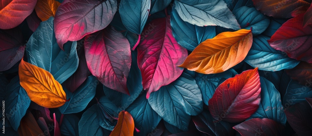 A close-up photograph showcasing a collection of vivid, colorful leaves placed closely next to each other. The leaves vary in shades and sizes, creating a visually striking pattern.