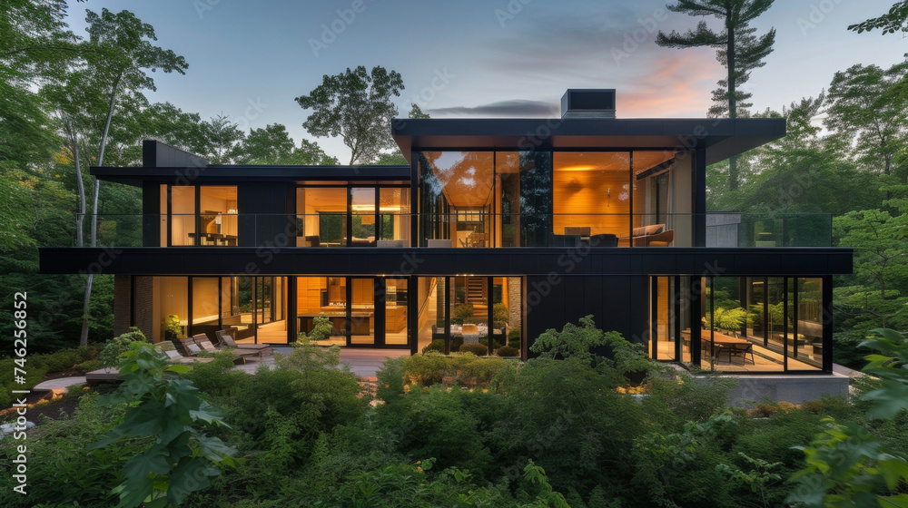 Nestled a the trees this contemporary house makes a statement with its bold forms and expansive windows that offer breathtaking views.