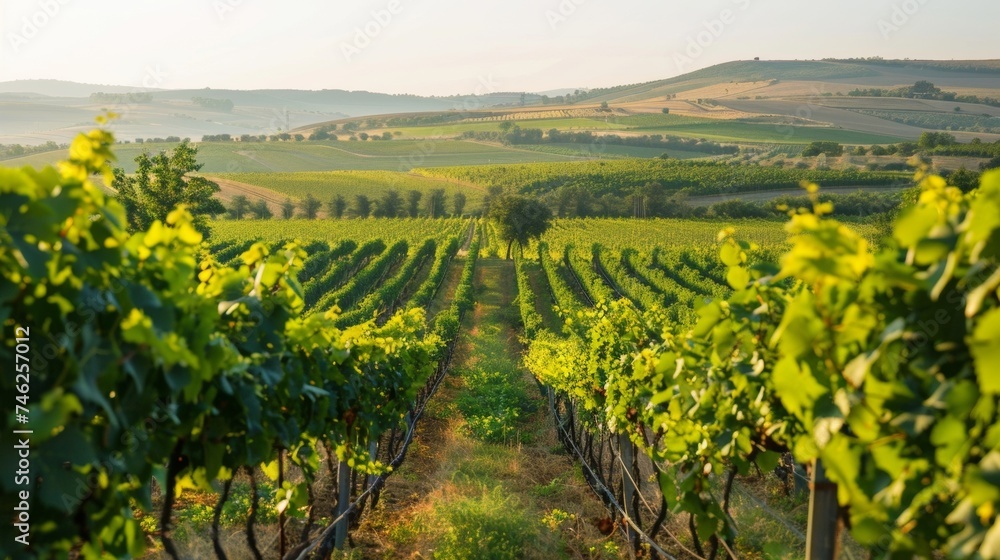 A panoramic view of a sprawling vineyard with rows upon rows of gvines carefully tended to for optimal growth and harvest.