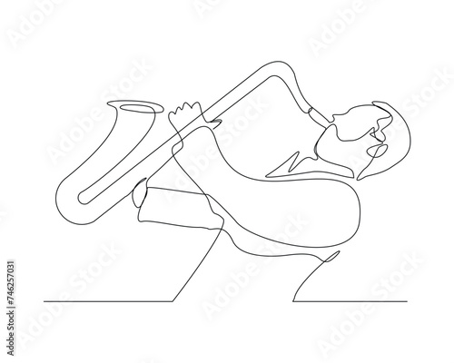 Continuous single line sketch drawing of man musician classic jazz playing trumpet saxophone music instrument. One line classic royal jazz orchestra vector illustration